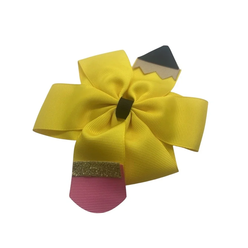 Handmade Pencil Hair Bow‎ Yellow School Crayon Ribbon Bow 7